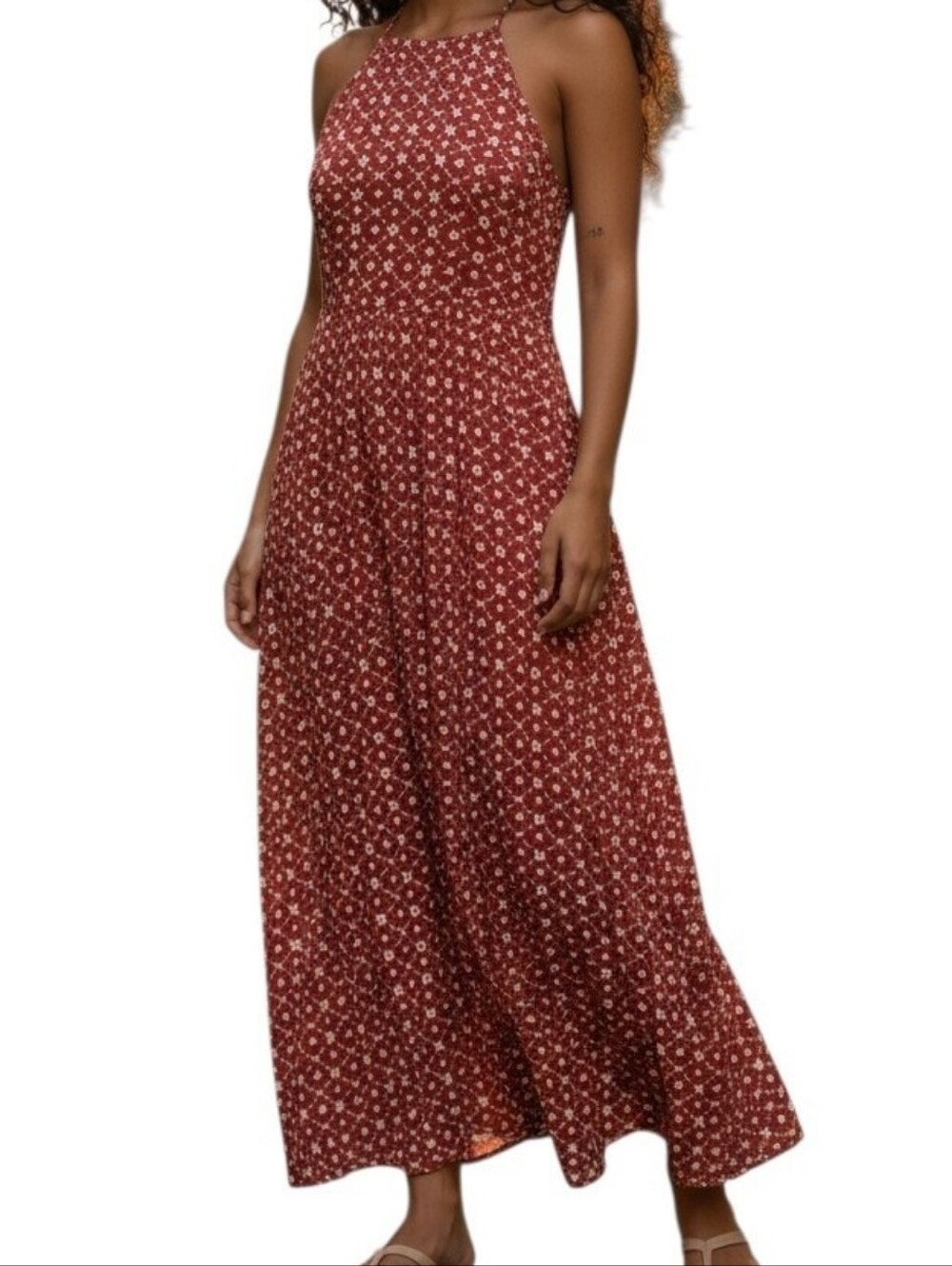 Ann Taylor Rust-Red Floral Halter Maxi Dress L Party Summer Travel Beach Comfy